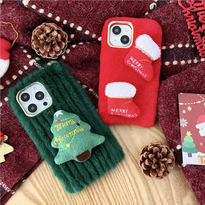 New Year Merry Christmas Tree Plush Boots Phone Case for Galaxy S25 S24 S23 S22 S21 S20 Plus FE Autumn and winter plush