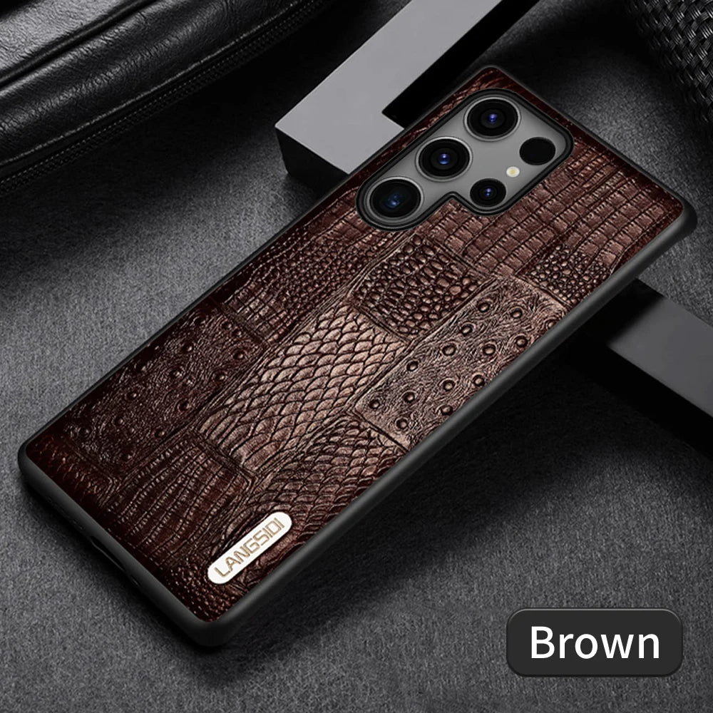LANGSIDI Genuine Leather Retro Phone Case For Samsung Galaxy S 25 S25 S23 S24 Ultra S24 Plus S25Plus S25Ultra Luxury Back Cover
