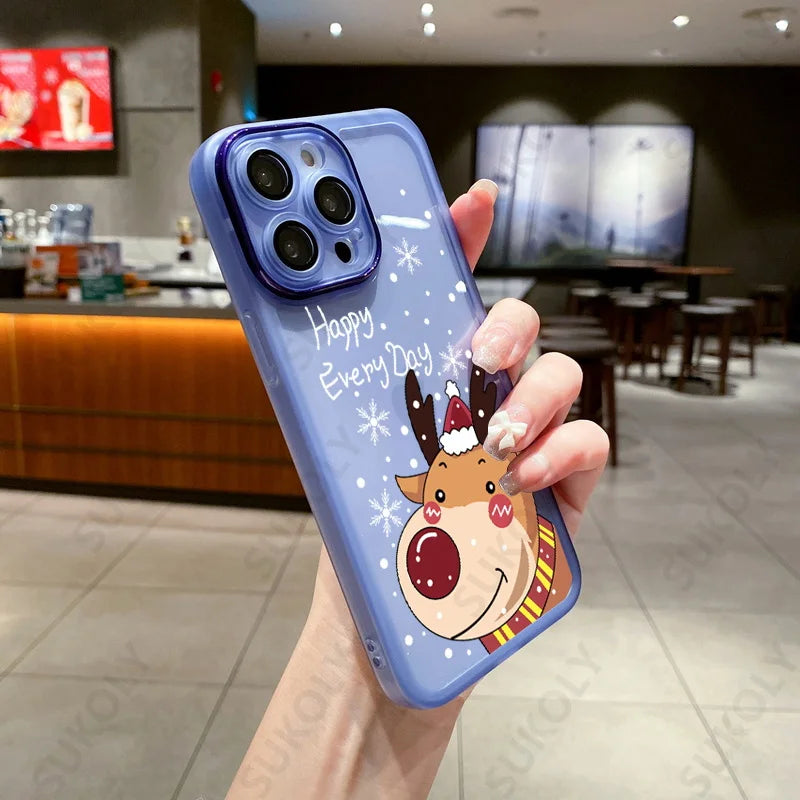 Christmas Case For iPhone 15 14 Pro Max 12 13 Pro Max 11 16 Luxury Lens Protector Shockproof Soft Cover Santa Claus Elk Snowman