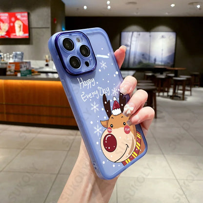 Christmas Case For iPhone 15 14 Pro Max 12 13 Pro Max 11 16 Luxury Lens Protector Shockproof Soft Cover Santa Claus Elk Snowman
