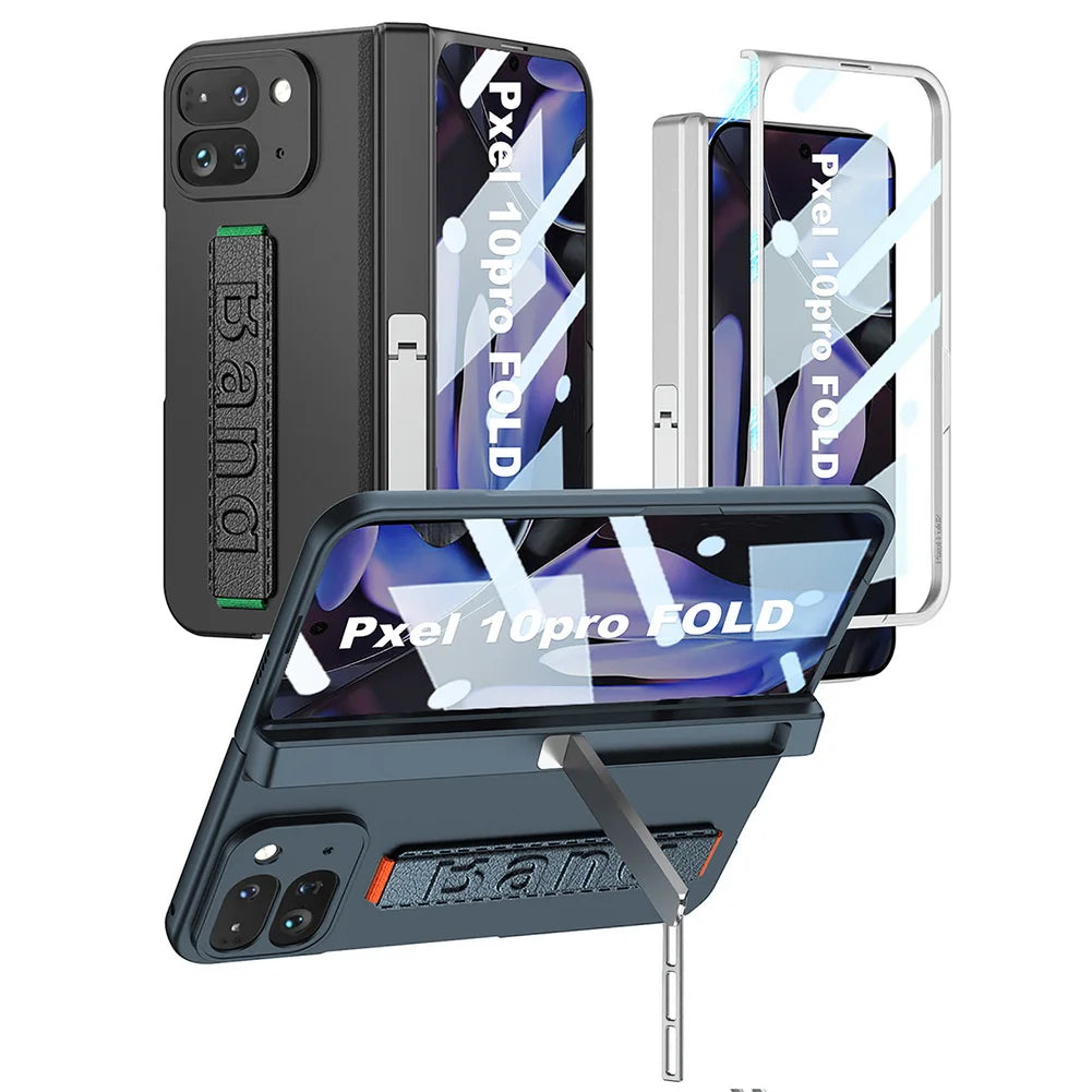 Magnetic Hinge Folding Stand Holder Wrist Strap with Glass Protector Case for Google Pixel 10 Pro Fold Lens Protect Cover