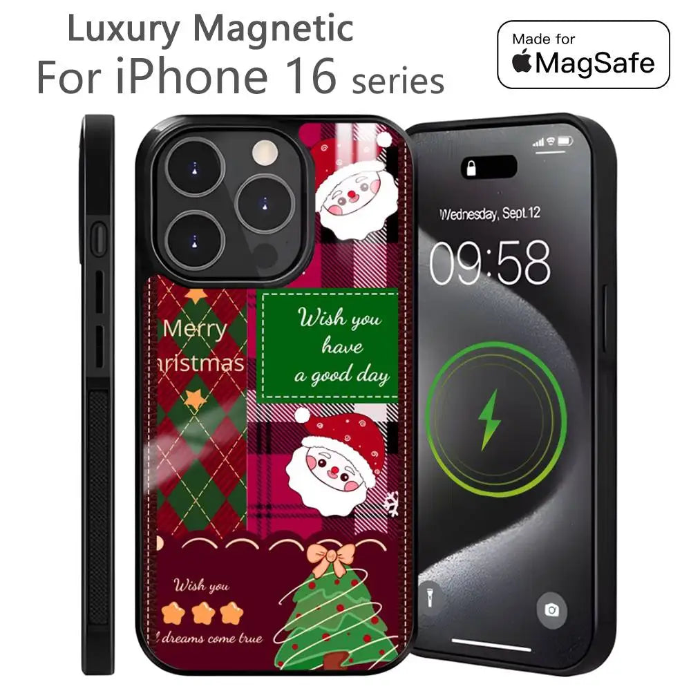 Merry Christmas New Year Phone Case MagSafe Magnetic for iPhone 16 15 14 13 12 11 Pro Plus Max Mini Wireless Charger Funda