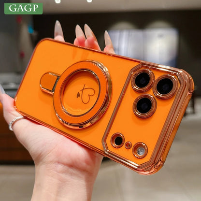 Luxury Plating Love Heart Airbag Bracket Phone Case For iPhone 17 16 15 14 13 Pro Max Plus Air Stand Holder Protection New Cover