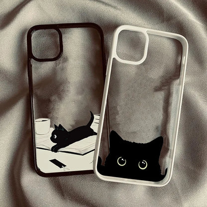 Phone Case For Xiaomi Redmi 14C 13C 12C 4G Poco X6 X5 Pro Redmi Note 14 13 12 11 Pro Plus 5G Clear Cute Black Cat Pattern Cover