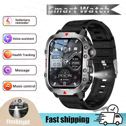 Military 2026 Sports Smartwatch Men 2.01 inch HD LED Flashlight Christmas Gift Screen Bluetooth Talking Multifunction Smartwatch