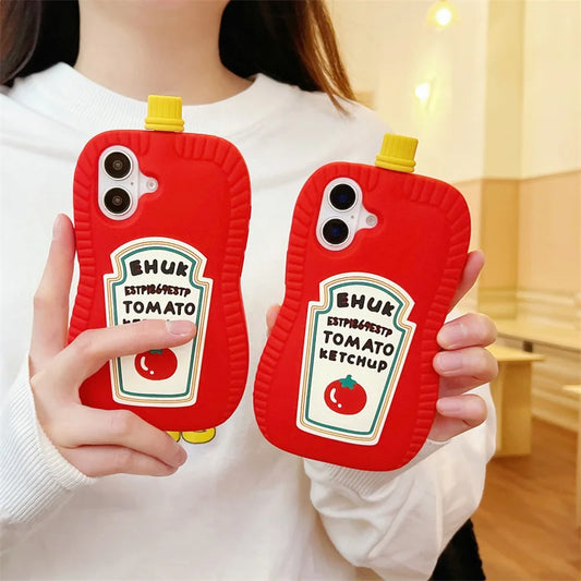 Funny 3D Cartoon Ketchup Phone Case For iPhone 16 15 14 13 12 Pro Max Tomato Soft Silicone Cover