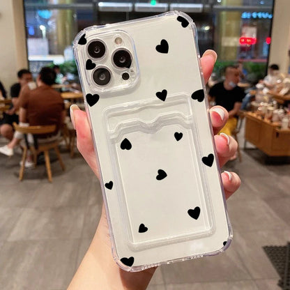 Case For iPhone 16 15 14 13 12 11 Pro Max Black White Love Heart Clear Phone Cover For iPhone XS X 7 8 Plus Wallet Card Bag Case