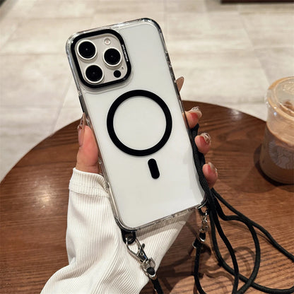 Crossbody Lanyard Necklace Transparent Magnetic For Magsafe Phone Case for iPhone 15 11 12 13 14 16 Pro Max Plus Anti-lost Cover