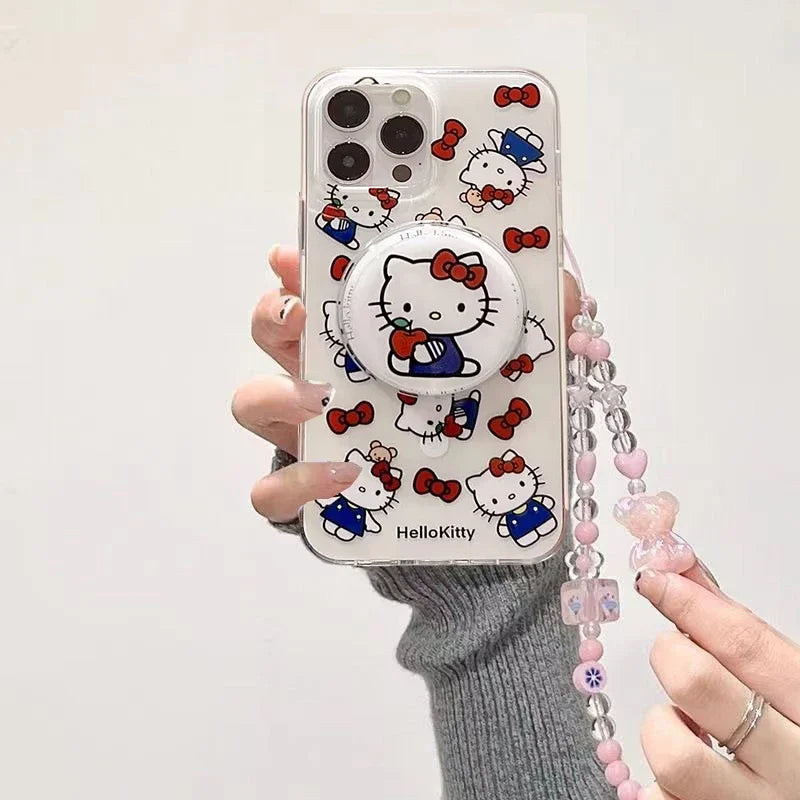 Cute Hello Kitty Magnetic Grip Holder Magsafe Wireless Charge Phone Chain Case For iPhone 16 15 12 Pro Max 14 Plus 13 Mini Cover