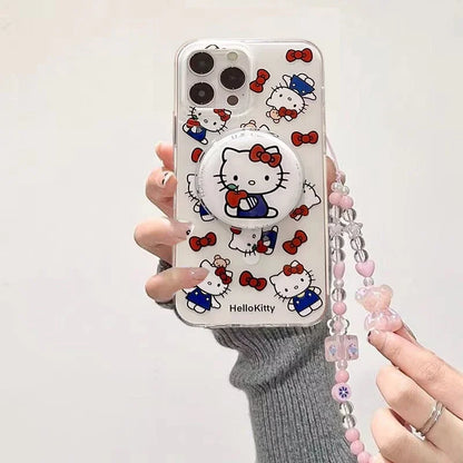 Cute Hello Kitty Magnetic Grip Holder Magsafe Wireless Charge Phone Chain Case For iPhone 16 15 12 Pro Max 14 Plus 13 Mini Cover