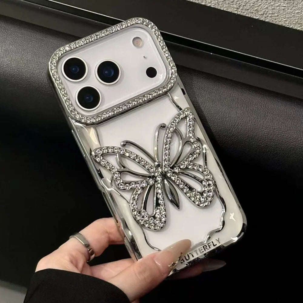 Plating Butterfly Hollow Glitter Diamond Case For iPhone 17 16 15 14 13 Pro Max Plus Bling Sparkling Rhinestone Shockproof Cover