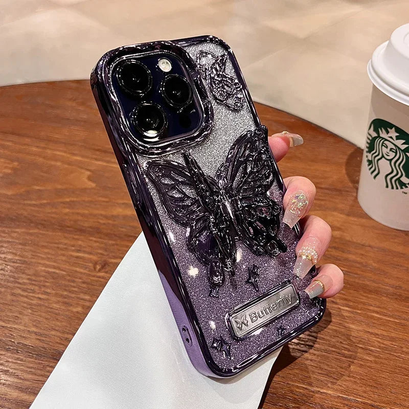 Glitter Butterfly Gradient Stand Case for iPhone 15 16 14 12 13 Pro Max 14Pro Bracket Transparent Plating Soft Silicone Cover