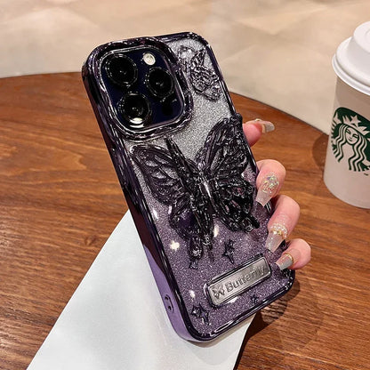 Glitter Butterfly Gradient Stand Case for iPhone 15 16 14 12 13 Pro Max 14Pro Bracket Transparent Plating Soft Silicone Cover