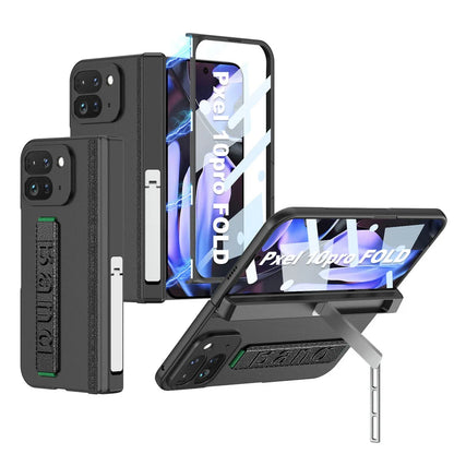 Magnetic Hinge Folding Stand Holder Wrist Strap with Glass Protector Case for Google Pixel 10 Pro Fold Lens Protect Cover