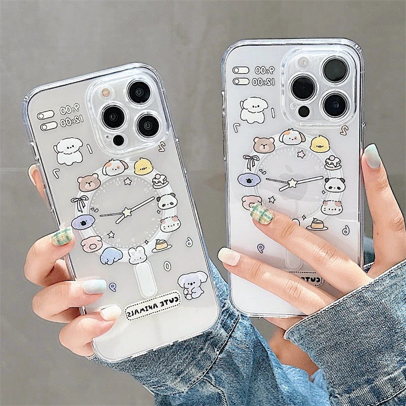 Cute Cartoon Animal Dog Cat Magsafe Clear Phone case For iPhone 11 12 13 14 15 16 Pro Max Plus Wireless Charging Magnetic Cover