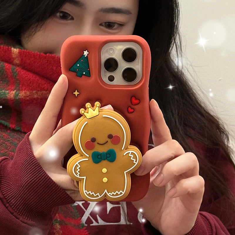 Red Christmas Gingerbread Man Folding Bracket Case For iPhone 11 12 13 15 16 17 Pro Max Soft Silicone 3D Holder Back Cover