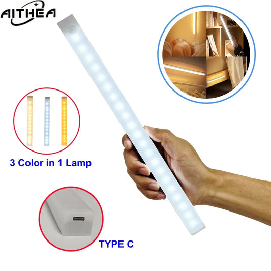 Type C Rechargeable Motion Sensor LED Night Light Wireless Strip Bar Backlight Lamp for Kitchen Cabinet Wardrobe Staircase