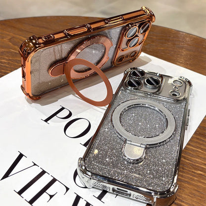 for Magsafe Glitter Bracket Plating Case for iPhone 17 16 15 Pro Max 14 Plus 11 12 13 Air Ring Holder Bling Airbag Bumper Cover