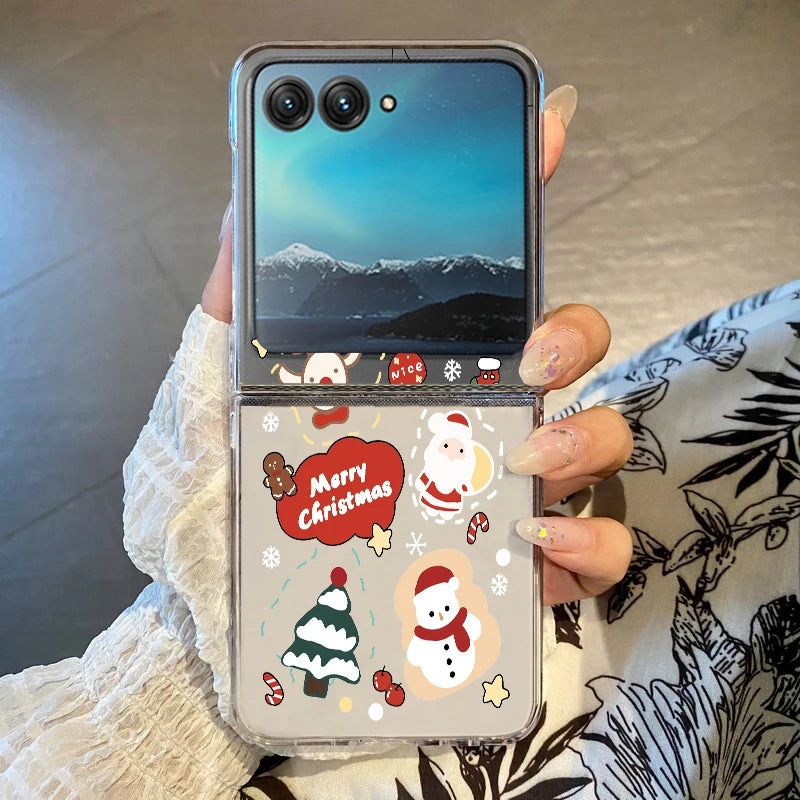 Christmas Pattern Clear Phone Case For Motorola Razr 50 40 Ultra Razr40 Razr50 Shockproof Bumper Transparent Folding Hard Cover