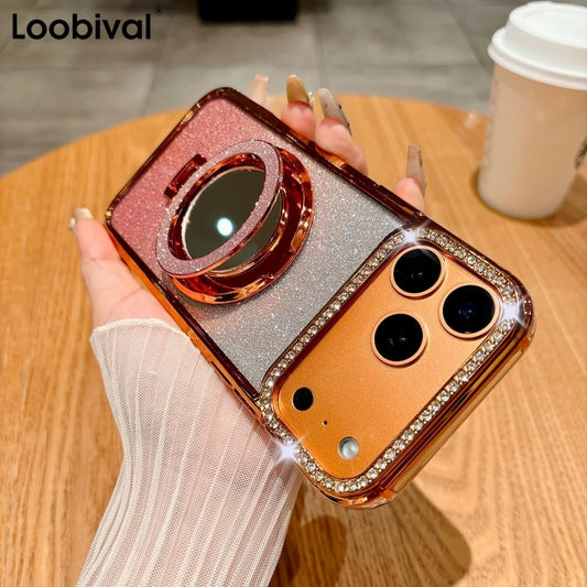Luxury Diamonds Mirror Bracket Magsafe Case For iPhone Air 17 Pro 16 15 14 13 12 11 Pro Max Plus Gradient Glitter Magnetic Cover