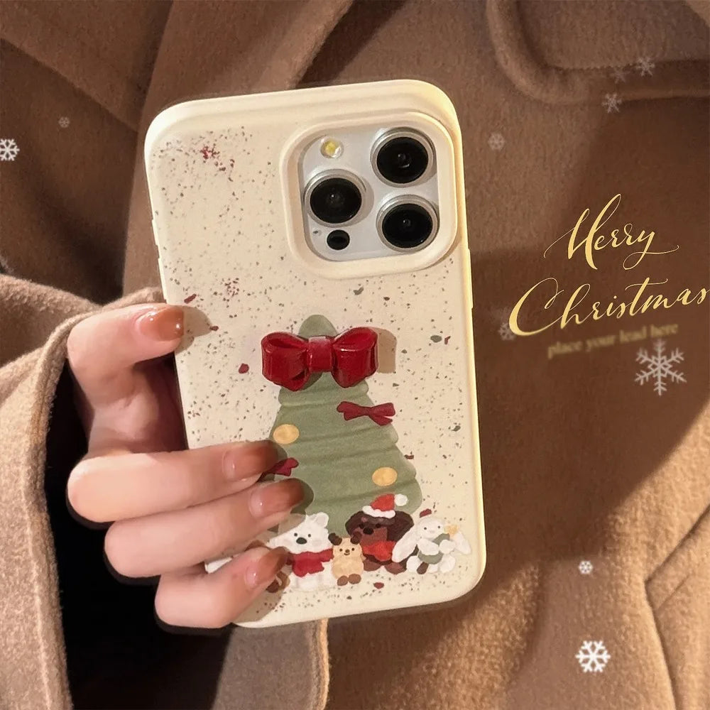 ins Korean 3D Bow Christmas Tree Phone Case For iPhone 16 Pro 15 14 13 12 11 Soft Shockproof Protective Cover For iPhone 15 Pro