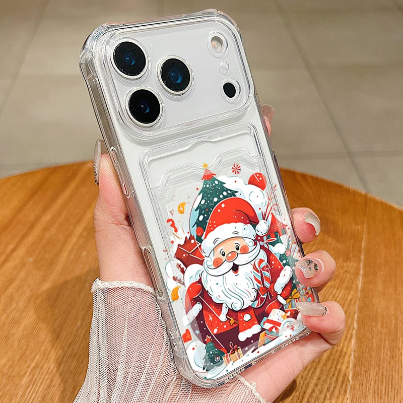 Santa Claus Card Slot Bag Clear Phone Case For iPhone Air 16e 17 16 15 14 13 Pro Max 11 12 17 Christmas Tree Soft Silicone Cover