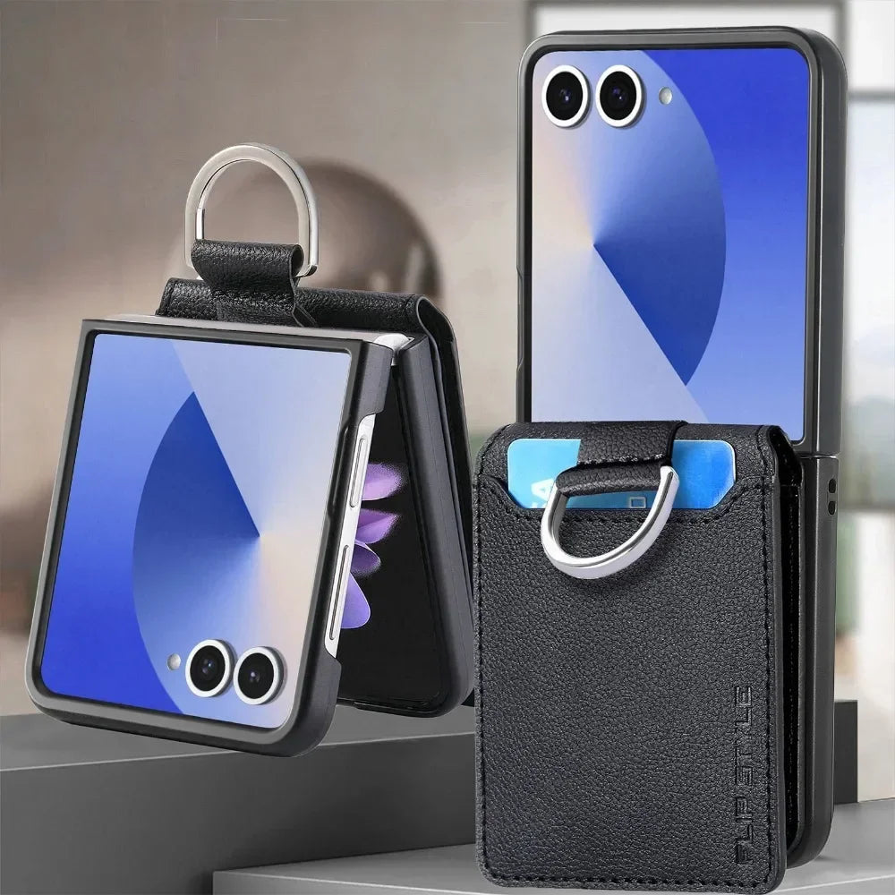 Samsung Galaxy Z Flip Wallet Phone Case - Lychee Pattern Leather with Ring Card Holder for Z Flip 7/6/5/4/3/2/1 Flip7/Flip6/Flip