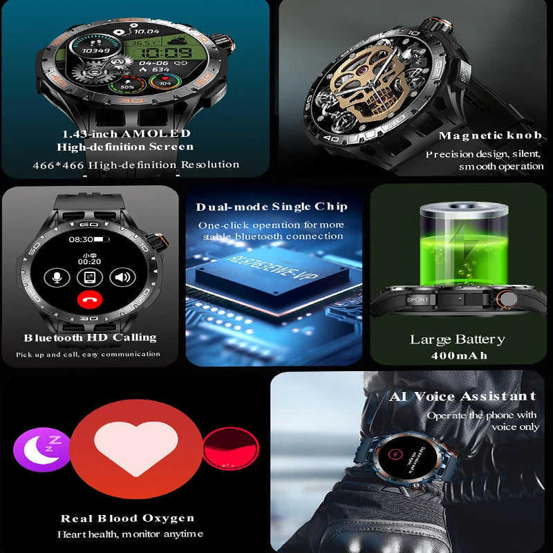 2026 New Outdoor Sports Smart Watch 1.43-inch AMOLED Bluetooth Call Heart Rate Monitoring AI Voice GPS Trajectory Smartwatches
