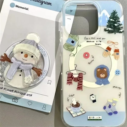 Cute Christmas 3D Snowman Quicksand Cartoon for Magsafe Griptok Holder Phone Finger Ring Stand Support for IPhone17 Girl Bracket