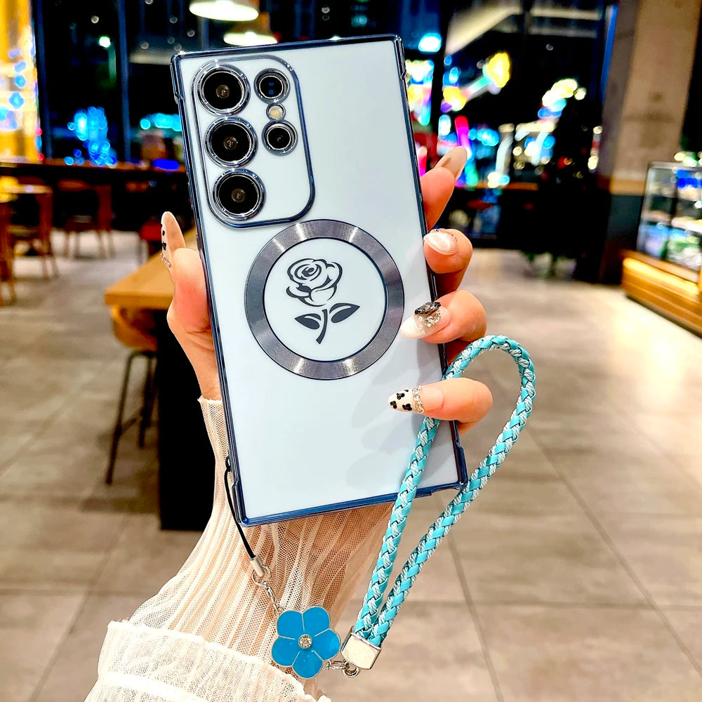 Plating Soft TPU Rose Case For Samsung Galaxy S25 S24 S23 S22 S21 Ultra Plus S25Ultra For Magsafe Charge Cover &Lanyard Bracelet