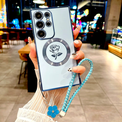 Plating Soft TPU Rose Case For Samsung Galaxy S25 S24 S23 S22 S21 Ultra Plus S25Ultra For Magsafe Charge Cover &Lanyard Bracelet