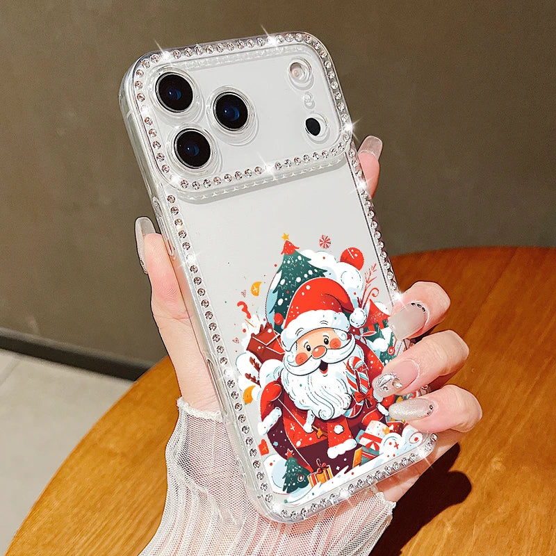 For iPhone 17 Pro Max Case Christmas Elk Santa Claus Diamond Cover For iPhone 13 14 15 12 11 16e 17 Air Funda iPhone 16 Pro Max