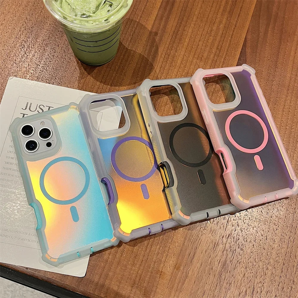 Luxury Magsafe Laser Dazzling Armor Phone Case For iPhone 16 Pro Max 15 Plus 14 13 Wireless Charging Dual Layer Protection Cover