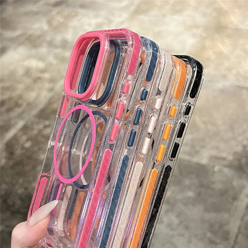 Double Color Bling Glitter Magnetic Magsafe Case For iPhone 16 15 14 16Pro Max Wireless Charging Shockproof Bumper Back Cover
