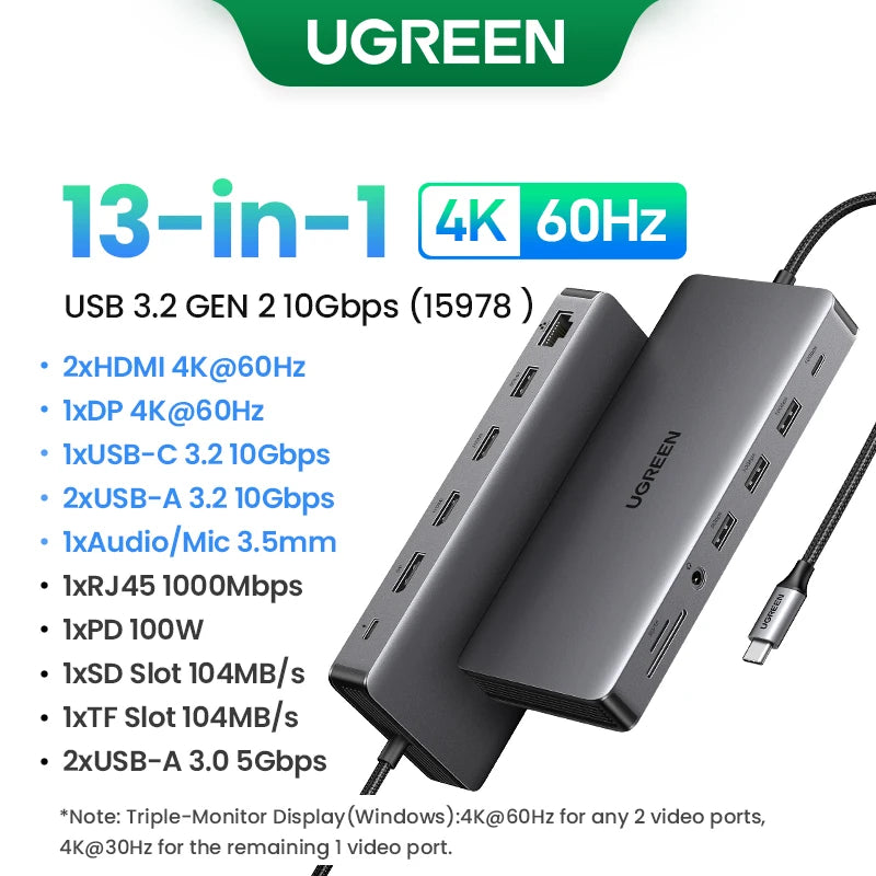 UGREEN Dual HDMI USB-C HUB 8K 4K HDMI Adapter 10 in 1 Splitter with RJ45 USB3.0 PD 100W Dock for MacBook Pro Air Laptop USB HUB