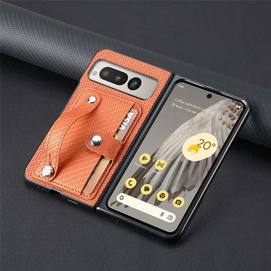 for Google Pixel Fold Case Shockproof Protect Lens Wristband Card Slot Stand Holder Shell PU Leather Carbon Texture Cover Fundas