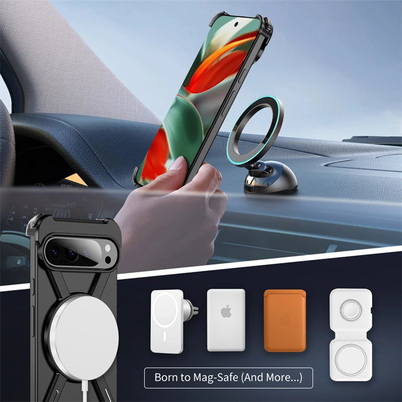 Metal Frame MagSafe 360° Magnetic Holder Phone Case For Google Pixel 8 9 Pro XL 9Pro Fold Aluminum Alloy Wireless Charging Cover