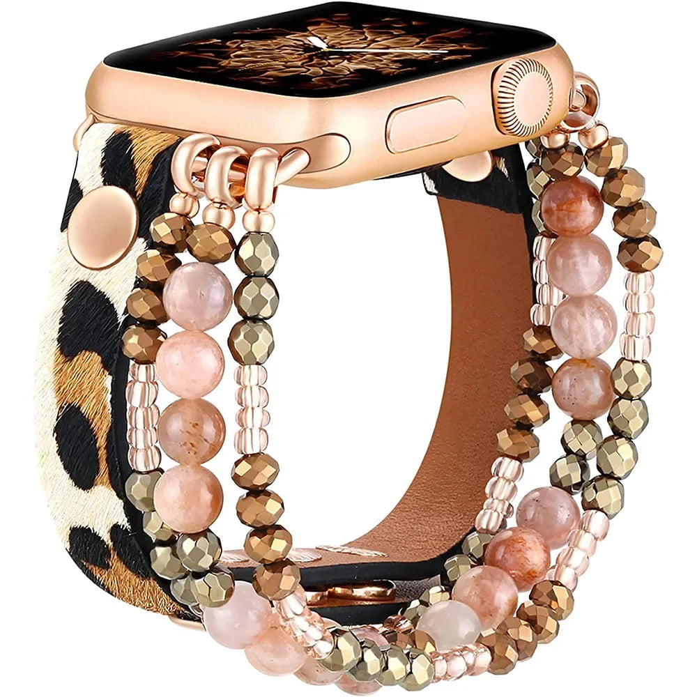 Leather Strap For Apple Watch Ultra 2 Band 49mm 40mm 46mm 41mm Women Elastic Beaded Bracelet Iwatch Series 10 9 8 7 6 SE 5 45mm