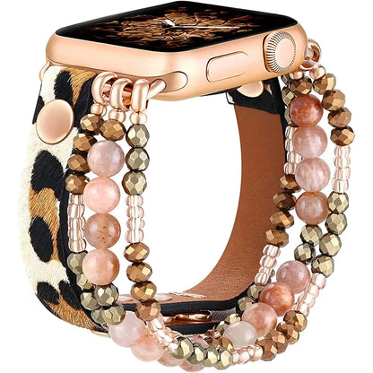 Leather Strap For Apple Watch Ultra 2 Band 49mm 40mm 46mm 41mm Women Elastic Beaded Bracelet Iwatch Series 10 9 8 7 6 SE 5 45mm