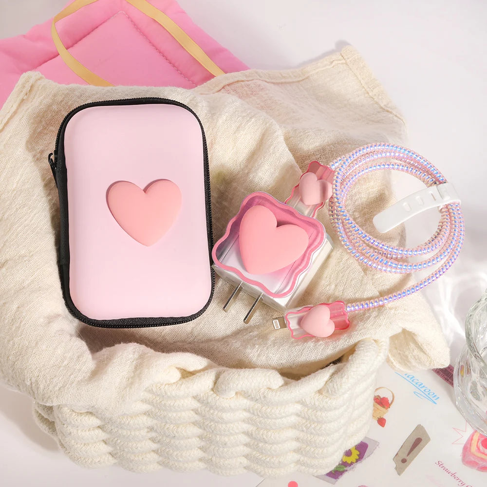 6PCS 3D Love Heart Silicone Charger Cable Protector Case Storage Bag For iPhone 20W 18W Charging Head Protective Cover Organizer