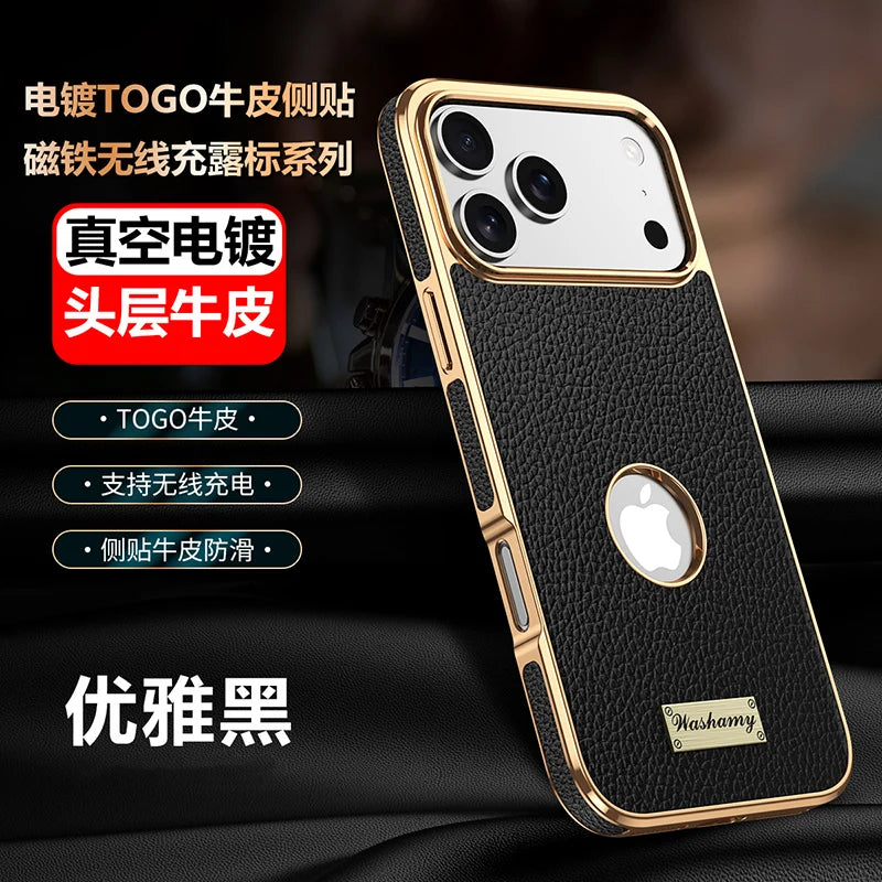 Luxury Togo Calfskin Genuine Leather Case view Window of apple logo cover For iPhone 17 16 15 14 Pro Max 17 Air Cases skin Funda