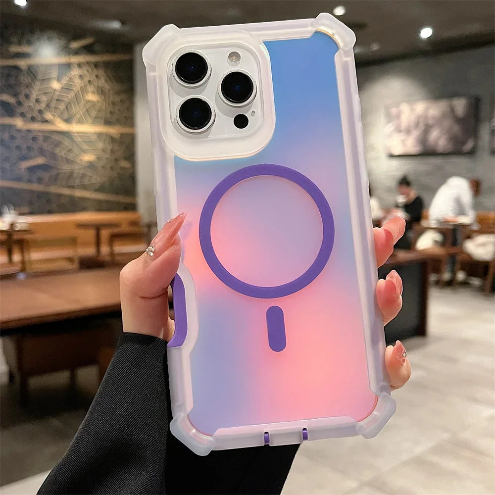 Luxury Magsafe Laser Dazzling Armor Phone Case For iPhone 16 Pro Max 15 Plus 14 13 Wireless Charging Dual Layer Protection Cover