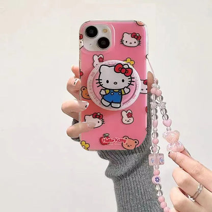 Cute Hello Kitty Magnetic Grip Holder Magsafe Wireless Charge Phone Chain Case For iPhone 16 15 12 Pro Max 14 Plus 13 Mini Cover