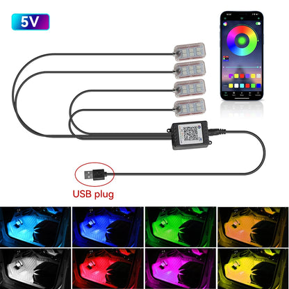 LED Car Interior Ambient Foot Strip Light Kit Accessories Backlight Remote App Music Control Auto RGB Decorative Lamp