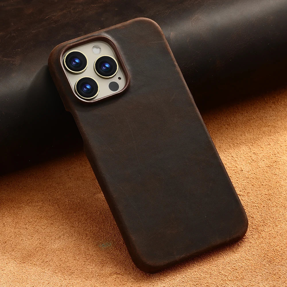 for Magsafe Case for iPhone 17 15 16 Pro Max Air Retro Luxury Full Grain Cowhide Genuine Oiled PULL-UP Leather Magnetic Cover
