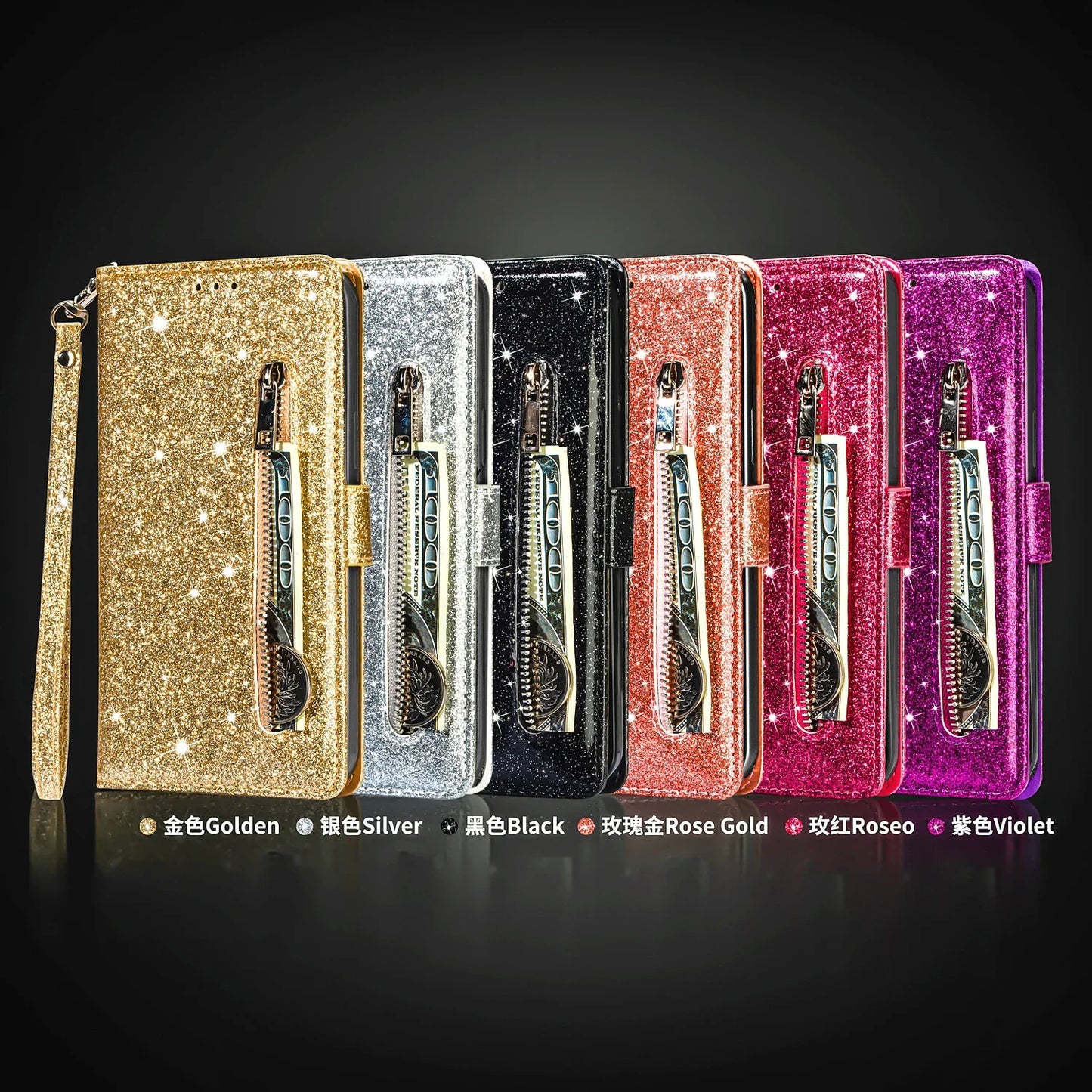 Zipper Glitter Leather Wallet Flip Case For Samsung Galaxy Z Fold 6 5 4 3 5G Cover Fold4 Bling Card Solt Pocket Purse Book Coque