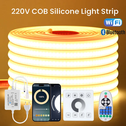 220V Dimmable COB LED Strip Light WIFI Bluetooth Wall Touch 23key Remote Control Power Kit 288LED IP67 Waterproof Flexible Lamp