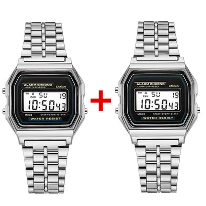 2Pcs Fashion Digital Men's Watches Gold Luxury Stainless Steel Link Bracelet Wrist Watch Band Business Electronic Male Clock