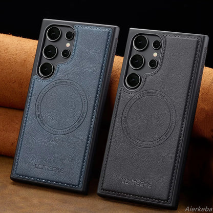 Magnetic MagSafe Pu Leather Phone Case for Samsung Galaxy S25 Edge S24 Ultra S23 FE S22 Plus S21 S20 A17 Wireless Charging Cover