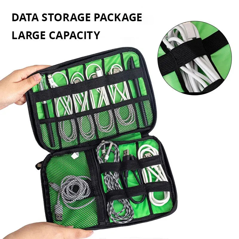 1pc Black Green Storage Bag Electronic Accessory Organizer Portable Usb Data Cable Charger Plug Travel Waterproof Organizer - covers4phones